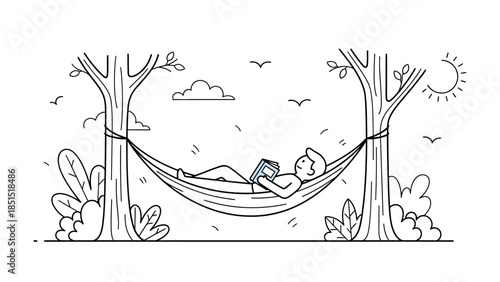 Illustrative scene of an individual enjoying leisure time, reading in a hammock strung between trees.