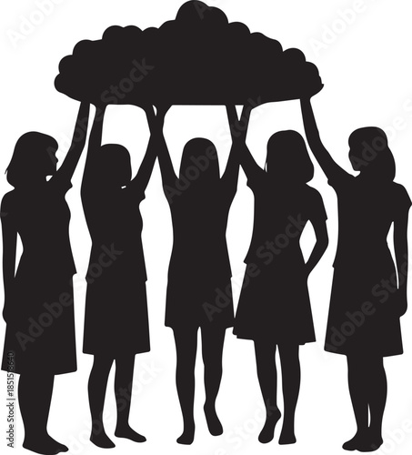 Five silhouetted girls holding up a cloud together