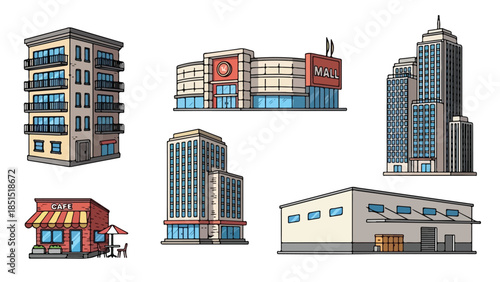 Vector illustration of a modern urban city street featuring a set of residential apartment houses and office buildings with cartoon architecture design for real estate business