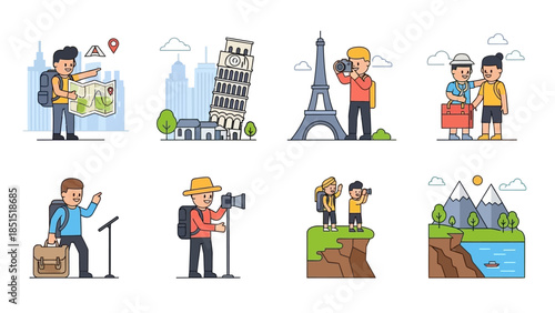 Adventurous Travelers Exploring World Landmarks and Scenic Nature Destinations