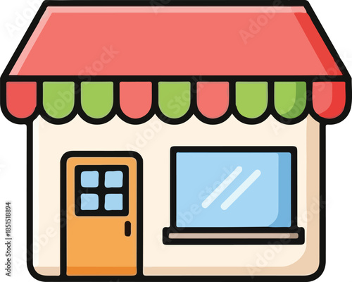 Vector illustration of a retail shop building icon with a front door and a shopping cart sign for business and market design