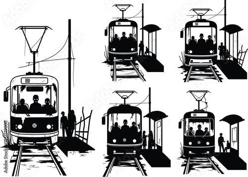 Tram station vector illustration, public transport scene, passengers waiting, urban commute concept, black and white design, minimal city transit artwork