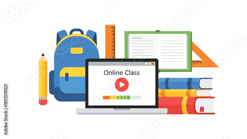 Laptop displaying Online Class with play icon amid backpack, books, pencil, ruler, open notebook now