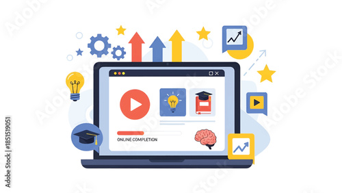 Laptop displaying online learning dashboard with progress bar, icons, arrows, brain and stars +gears