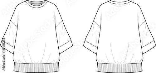 Women oversized sweatshirt technical fashion flat sketch front and back view drop shoulder rib hem cad vector illustration