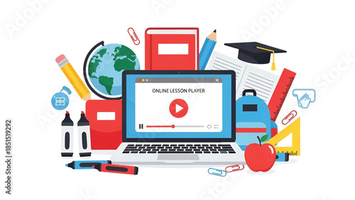 Laptop streaming online lessons surrounded by colorful school supplies books, globe, apple, rulers!