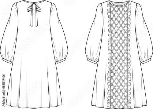 Women long sleeve shift dress technical fashion flat sketch front and back view lace panel bow tie cad illustration