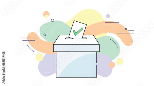 Minimal illustration of a ballot box with a checked ballot sliding into a pastel abstract backdrops!