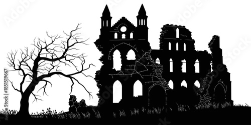 Dramatic silhouette of ancient ruined castle with bare tree
