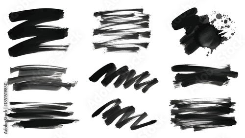 Nine black ink brush strokes and splatters, varied textures and widths arranged across a white field