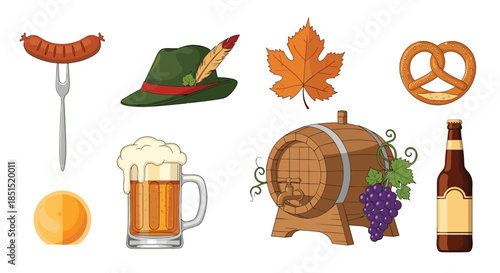Set of traditional Oktoberfest icons, including a beer mug, pretzel, sausage, German hat, and a wooden barrel of beer.