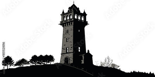 Monumental tower standing tall on hill with trees around