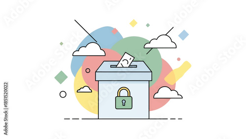 Pastel ballot box with locked padlock, vote paper inserted, clouds and colorful overlapping circles