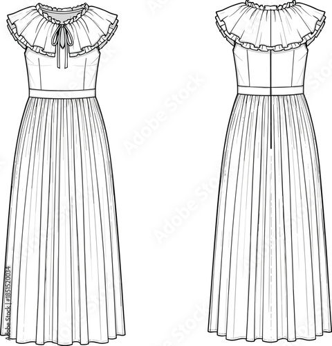 Women ruffle neckline pleated maxi dress cad drawing flat vector illustration fashion technical sketch front back view