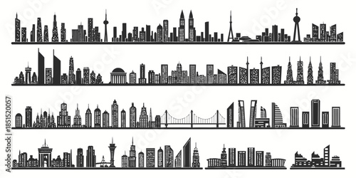 City skylines with modern buildings and bridges in black silhouette