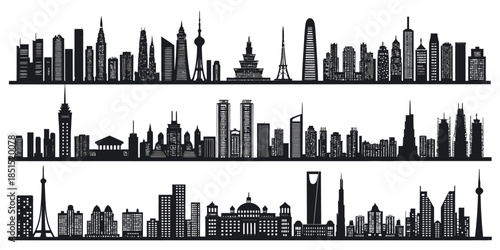 Black silhouettes of city skylines with modern skyscrapers and famous landmarks