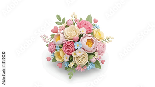 Pastel bouquet of roses, peonies, small wildflowers and heart accents, lush green leaves and ribbons