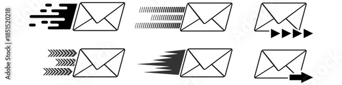 Set sending envelope icon vector for email apps and postal services. Ideal for symbolizing message transmission, mail delivery, and digital communication interfaces.