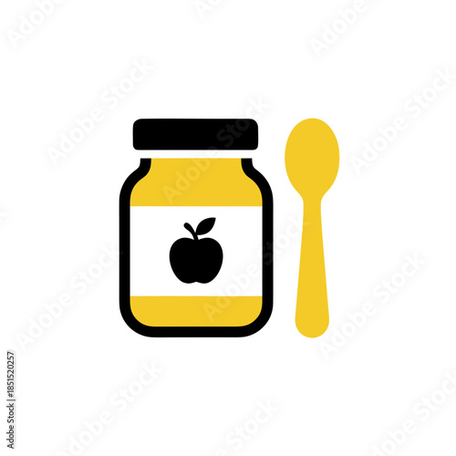 Clean vector graphic of an apple baby food jar with a yellow spoon. This stylized icon symbolizes healthy infant nutrition, wholesome eating, and childcare dietary needs