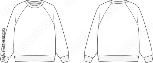 Unisex raglan sweatshirt technical sketch CAD flat vector illustration of long sleeve crewneck casual apparel design template