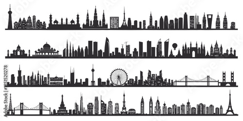 Black silhouettes of famous city skylines around the world at night