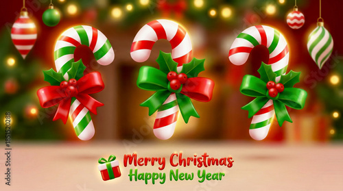 Three festive candy canes with holly and bows, celebrating Christmas and New Year