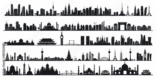 Collection of iconic city skylines from around the world in black silhouette