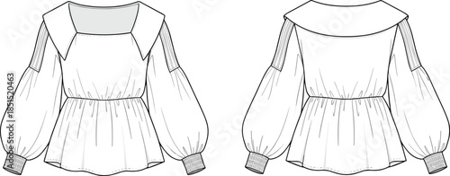 Women peplum blouse technical sketch CAD flat vector illustration of sailor collar long sleeve fashion clothing pattern