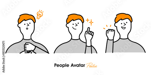 ひらめきと前向きな気づきを表す人物アバターセット｜アイデア,発想,ポジティブ,男性,表情