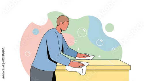 Person wiping a wooden counter with cloths, pastel abstract background, bubbles and sparkles at home