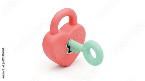 Pink heart-shaped padlock with a mint key inserted, casting soft shadow on white backdrop in studios