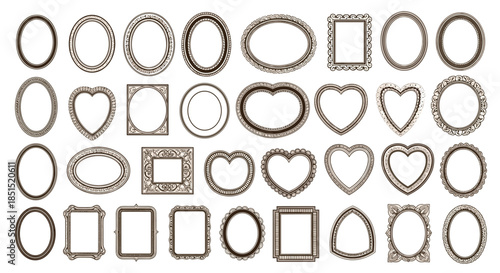 Large collection of ornate and decorative vintage frames in various shapes like oval, heart, and rectangle with detailed borders.