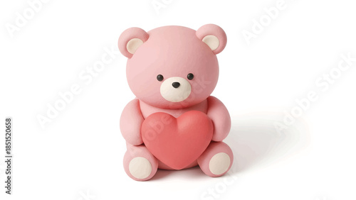 Pink teddy bear holding a red heart, soft rounded features, sitting on white background heartwarming