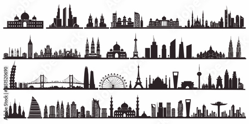 Black silhouettes of famous city skylines and landmarks worldwide