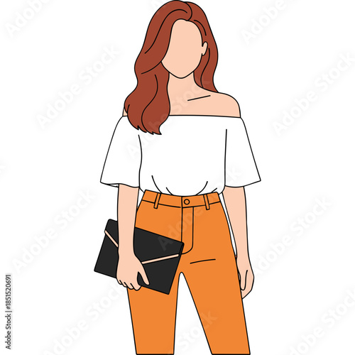 Fashionable Woman in Orange Pants and Off-Shoulder Top Holding Clutch