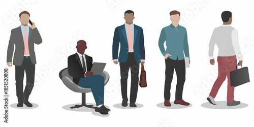 A diverse group of business professionals in various modern poses and attire