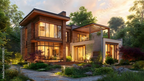 Wallpaper Mural Luxurious Modern Home with Large Windows and Lush Landscaping. Torontodigital.ca