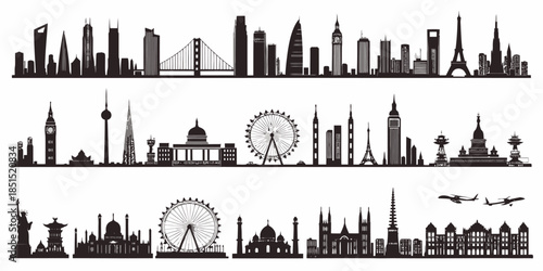 City skylines and landmarks from around the world in black silhouette
