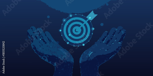 Hands cradling a glowing target with a dart hitting the bullseye