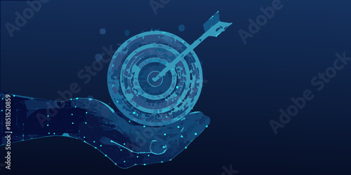 A hand holding a glowing target with an arrow hitting the bullseye