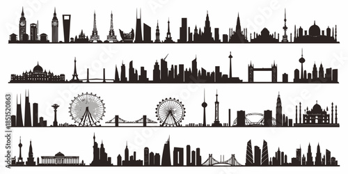 City skylines of famous landmarks around world in black silhouette