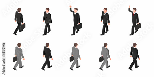 A sequence of businessmen walking with briefcases in varying perspectives