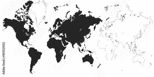 A simplified black and white world map illustration showcasing continents and oceans