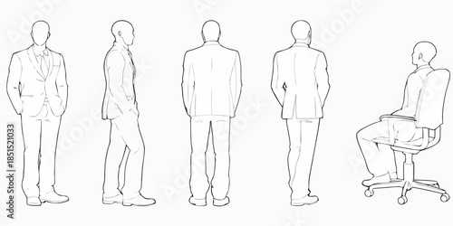 Line drawing of a man in a suit shown from multiple angles and seated