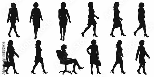 Silhouettes of women in various poses and formal attire