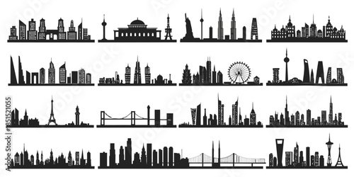Black silhouettes of famous city skylines and landmarks worldwide