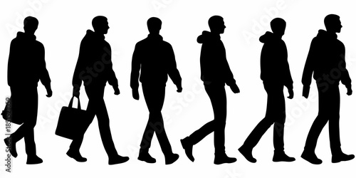 Silhouettes of people walking in various poses a minimalist black and white scene