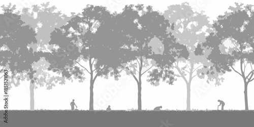 A grayscale landscape featuring silhouetted trees and distant human figures
