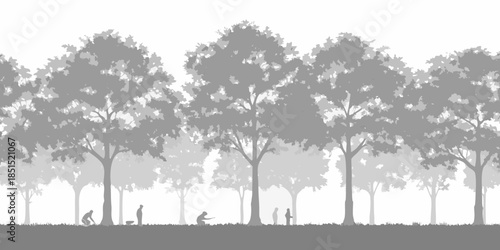 Silhouette of trees and figures against a bright hazy background