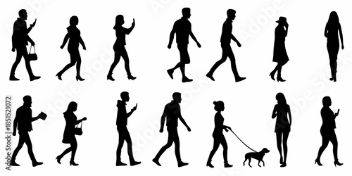 Diverse silhouettes of people walking standing and interacting in daily life